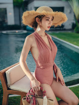 South Koreas new bean sand red deep V swimsuit steel togather to thicken the chest conservative Chater one-piece swimsuit spa