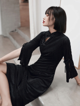 Black velvet cheongsam modified version dress young retro high-end temperament long autumn Daily quarter sleeves