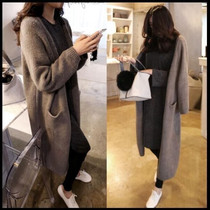 Long sweater jacket womens autumn and winter wild Korean version lazy wind loose thickened medium and long solid color knitted cardigan