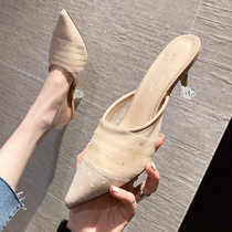 Baotou Half slippers female outside wearing 2022 Summer new fashion 100 hitch Damp Tug Pointed Fine Heel High Heel Sandals