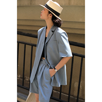 Rui time fashionable retro right angle shoulder plaid short sleeve suit high waist sex little boy shorts Women summer suit p