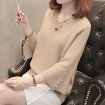 2021 Fall Winter Horn Sleeve Sweater Women's Turtleneck Nail Bead Korean Loose Short V Neck Long Sleeve Backing Knitted Shirt Tide