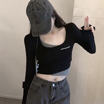 Van Chy fake two-piece black T-shirt female design sense long sleeve base shirt 2021 autumn new interior short top