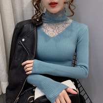 Pile collar lace high collar bottom sweater lady Neyhitch 2019 autumn and winter new foreign pistachio Thickened Stitch Cardiovert