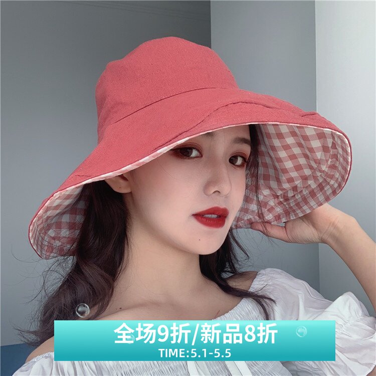 Korean double-sided plaid fishermans hat Female summer travel large eaves basin hat Wild Japanese sunshade sun hat