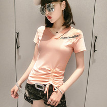 Europe and the United States tide brand 2021 summer new Hong Kong style cotton shoulder-exposed short sleeve T-shirt women foreign style rope net red coat ins