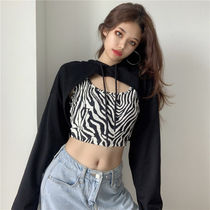 Spice Girls Short Umbilical High Waist Overlay Two-piece Hooded Sweatshirt Women Zebra Jazz Dance Long Sleeve Top Women Tide