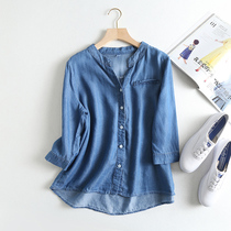 Summer new loose V collar 70% sleeves Skyline denim Shirt Woman Summer Thin casual bottom-shirt student