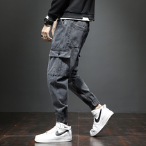 Men's jeans winter pants multi-pocket autumn and winter men's casual foot pants men plush thickening