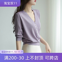 women's ice silk thin knitwear new spring 2022 v-neck loose versatile half sleeve purple knitted top