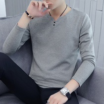 Mens long-sleeved t-shirt spring and autumn pure cotton thin section sweater Korean style trendy slim body clothes V-neck striped bottoming shirt