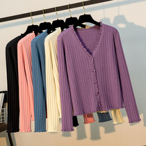 Knitted cardigan female spring and autumn loose long sleeve shawl with foreign air wooden ear purple soft waxy sweater coat