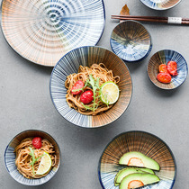 Japanese ceramic tableware double-sided blue line grain ceramic seasoning plate bone plate rice bowl big soup bowl dish flat plate home