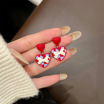 925 Silver Needle Korea Retro Red Care Ear Nails New Year festival of the gentle butterfly bow