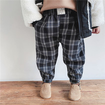 Crooked girl Korean childrens clothing thick lattice pants 2020 winter New Men and women foreign style Joker fashion closing trousers