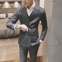 Suit suit mens three-piece Korean slim-fit vertical striped suit young mens wedding groom dress autumn and winter tide