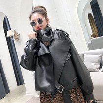 Jiang Shuying with 2021 new ladies short coat spring and autumn leather black short slim motorcycle leather women