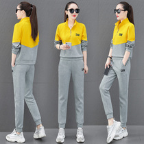 Chinese sportswear womens 2021 new casual pants bunch foot autumn dress with color matching sweater set two-piece set