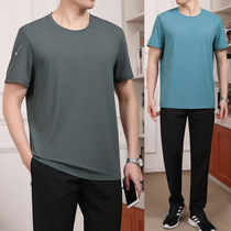 2022 Summer New Ice Silk Middle Aged Sports Suit Mens Dad Round Collar Upscale Pure Color Short Sleeve Casual Clothes
