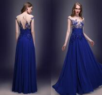 AliExpress Blue Lace Row Flowers Sheer Backless Wedding Bridal Dress Dinner Gala Gala Stage Presenter Dress