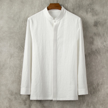 Chinese cotton linen long sleeve shirt male stand collar business leisure linen shirt dark placket Chinese style hemp shirt fat