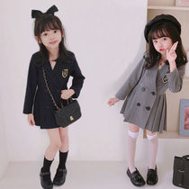 Girls Suit Dress 2020 Autumn Girl Baby foreign temperament double-breasted long sleeve pleated dress Tide version