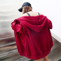  Hong Kong trendy brand autumn and winter new cardigan long-sleeved sweater womens Korean version plus velvet loose thickened hooded mid-length jacket