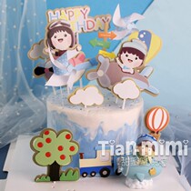 Bake cake decoration pilot set birthday cake decoration card ornament cloud airplane hot air balloon plug-in