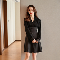 Black dress female summer short small man long sleeve 2021 new summer waist slim temperament spring and autumn