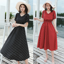 2021 summer can be sweet can be salt Chiffon polka dot dress elastic thin V-neck mid-length seaside vacation beach skirt