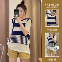 Pregnant Woman Suit Summer Thin style Fashion Striped Short Sleeve Blouse Fake two design Sensation Shorts Two Suits production and inspection