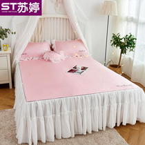Korean lace ice silk mat three-piece bed skirt chiffon summer cool mat non-slip bedspread type 1 8m washable