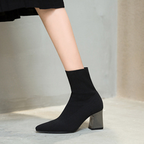 Clearance thick-heeled socks and boots Womens knitted socks and shoes pointed boots breathable high-heeled ins net red skinny stretch boots