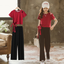 Childrens clothing girls fashion suit 2021 summer little girl irregular T-shirt wide leg mopping trousers two-piece tide