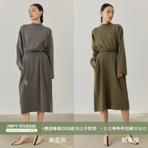 AmyStudios bifacial weave method Tsuen Wool r0w Wind Knit Semi-High Collar Blouse With Belt Half Skirt Suit