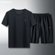 Sports Casual Suit Mens Summer Slim Fit Trends Ice Silk Men Short Sleeve T-shirt Two Sets Fitness Sportswear Men