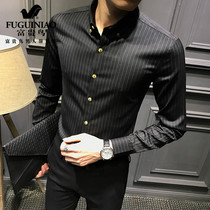  Rich bird mens slim-fitting shirt mens long-sleeved Korean version of black high-end trend shirt handsome casual business mens clothing