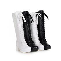 Universal performance cosplay shoes lace up pure black white female tall tube Martin imitation role-playing leather long boots