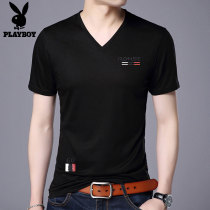 Playboy t-shirt mens short-sleeved t-shirt summer mens slim V-neck T-shirt bottoming shirt pure cotton sweetheart collar top