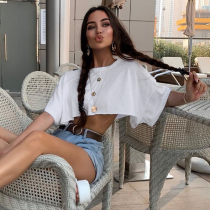 H home Europe and America super A loose bat sleeve ultra short navel base T-shirt women casual wild solid color base shirt top