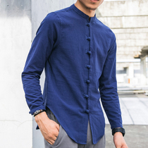  Autumn stand-up collar Hanfu linen mens long-sleeved shirt plate buckle shirt Chinese style retro mens cotton and linen Tang dress top