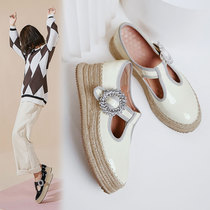 Thick bottom hollow shoes female 2021 Korean version of spring and autumn new leather straw muffin shoes rhinestone buckle with Mary Jane shoes