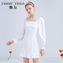 (Mall same section) Sugar spring new white French style square collar skirt Croquet Hollowed-out Long Sleeves Dress Woman