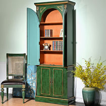 American Countryside Solid Wood Bookcase Retro Green Bookcase Collection Lockers European-style Bookcase Multilayer Bookshelves Made Old With Doors