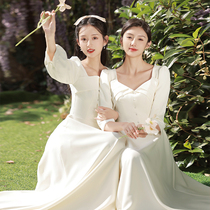 Bridesmaid dress satin champagne color 2022 winter new sister group chorus performance evening dress skirt female slim long sleeves