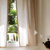 Nordic Japanese retro plaid khaki cotton curtain ins semi-blackout living room bedroom partition American country