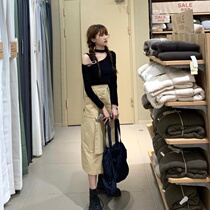 Two single pieces suit autumn Korean wind chic cool girl hanging neck ruffles shoulder long sleeves short T-shirt tooling card its half body dress