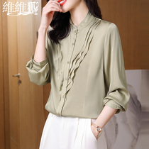 Pure Color Genuine Silk Shirt Lady 2022 Spring Commuter OL Linen Dress Code Lotus Leaf Side Long Sleeve Shirt