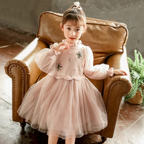 Korean girl knitted sweater mesh dress autumn and winter childrens foreign style patchwork dress middle child Princess knitted dress