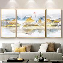 New Chinese landscape decorative painting Crystal porcelain painting three-piece set of light luxury atmosphere living room sofa background wall hanging painting style